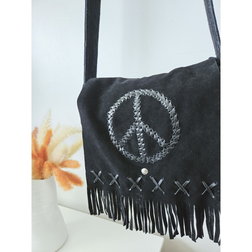 Dream Apparel Black Suede Leather Biker Bag Peace Sign Boho Crossbody Fringe - Picture 4 of 9